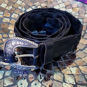 Black woven leather belt with silver buckle, size SM